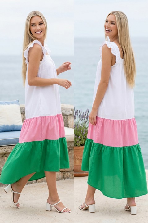 GENESIANA GREEN laza, aszimmetrikus, vállfodros midi ruha, Szín: multicolor, IVET.HU - A te online butikod.