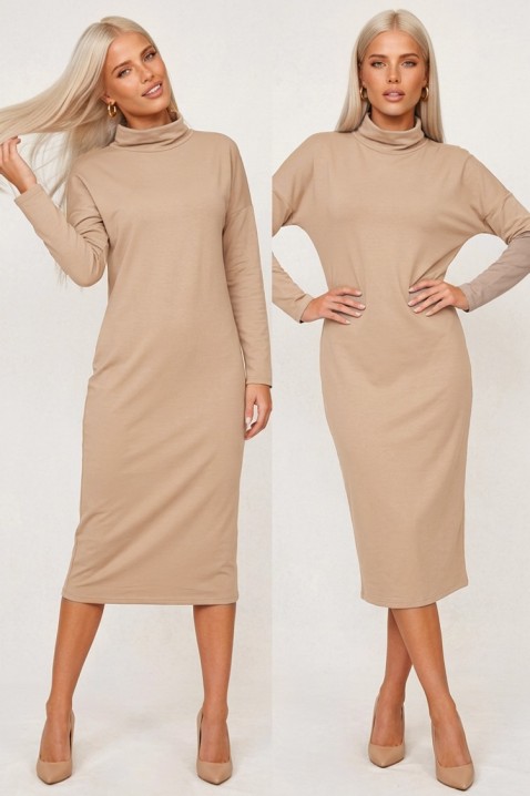 CORSAVENA BEIGE letisztult, egyenes szabású midi ruha laza sziluettel és magas gallérral, Szín: bézs, IVET.HU - A te online butikod.