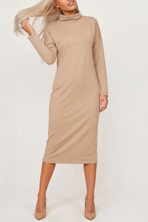 CORSAVENA BEIGE letisztult, egyenes szabású midi ruha laza sziluettel és magas gallérral, Szín: bézs, IVET.HU - A te online butikod.