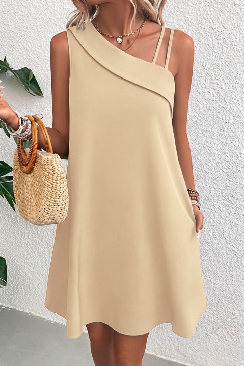 IVRINIA BEIGE elegáns rövid ruha aszimmetrikus dekoltázzsal, bő fazonnal, Szín: bézs, IVET.HU - A te online butikod.