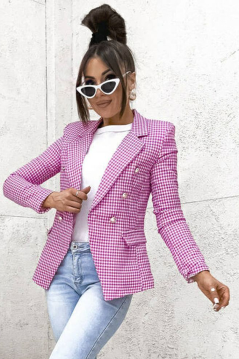 BELAVENZA PINK elegáns, karcsúsított, kétsoros női blézer finom kockás mintával és klasszikus hajtókákkal, Szín: fehér/rózsaszín, IVET.HU - A te online butikod.