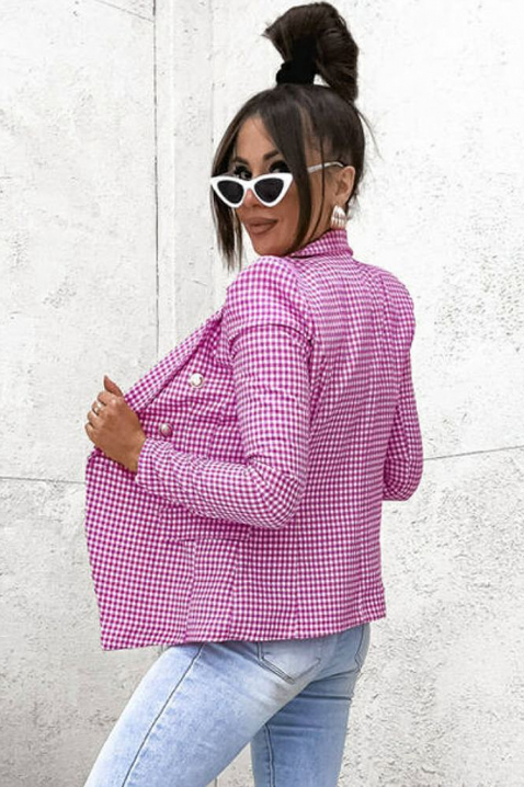 BELAVENZA PINK elegáns, karcsúsított, kétsoros női blézer finom kockás mintával és klasszikus hajtókákkal, Szín: fehér/rózsaszín, IVET.HU - A te online butikod.