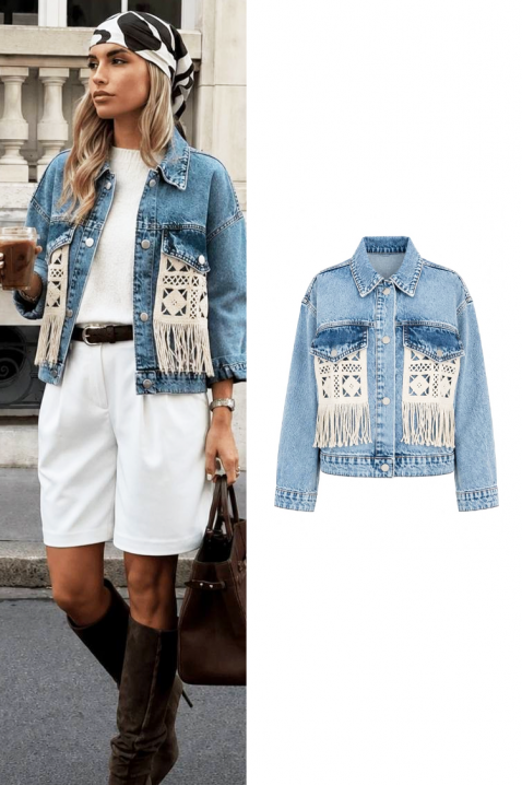 ABERTINA SKY modern női farmerdzseki dekoratív elemekkel és rojtokkal, Szín: denim, IVET.HU - A te online butikod.