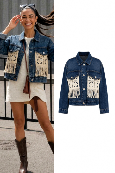 ABERTINA BLUE modern női farmerdzseki dekoratív elemekkel és rojtokkal, Szín: denim, IVET.HU - A te online butikod.