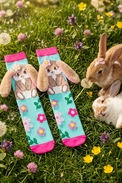AQUA BUNNY 3D nyuszis, puha fülecskékkel díszített gyerek térdzokni, Szín: világoskék, IVET.HU - A te online butikod.