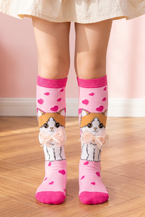 KITTY LOVE térdzokni gyerekeknek 3D cicás mintával és puha masnival, Szín: rózsaszín, IVET.HU - A te online butikod.