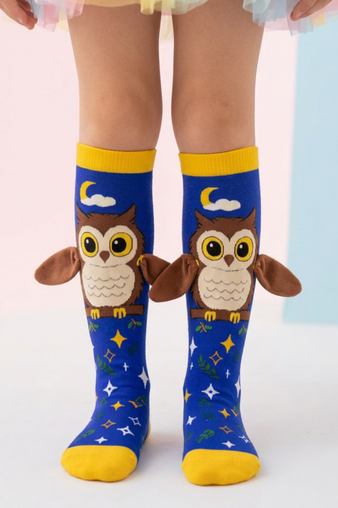 OWL DREAMS 3D nyomott, puha szárnyas bagoly mintás gyerek térdzokni, Szín: kék, IVET.HU - A te online butikod.