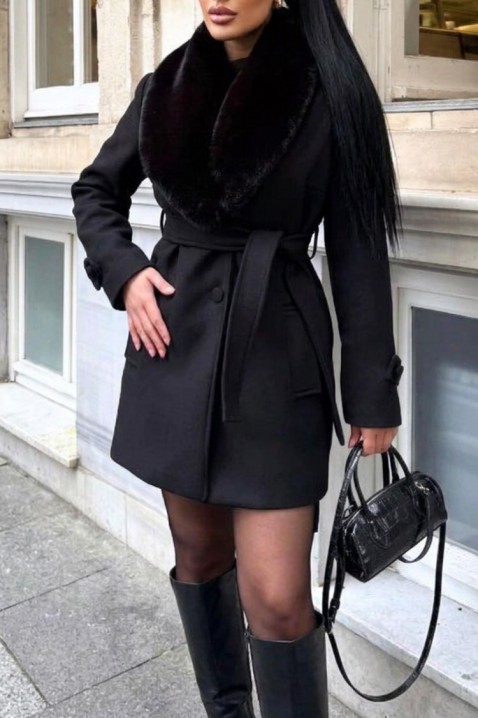 DOLNEVA BLACK elegáns női wrap kabát puha gallérral, Szín: fekete, IVET.HU - A te online butikod.