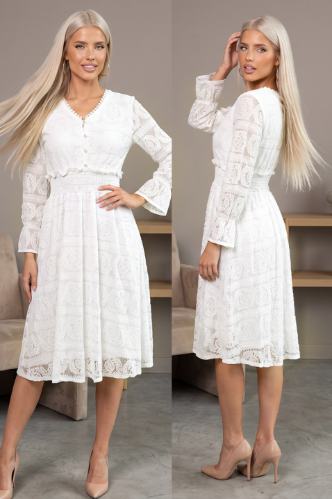 ELDRINA WHITE csipke textúrájú, hangsúlyos derekú midiruha, Szín: fehér, IVET.HU - A te online butikod.