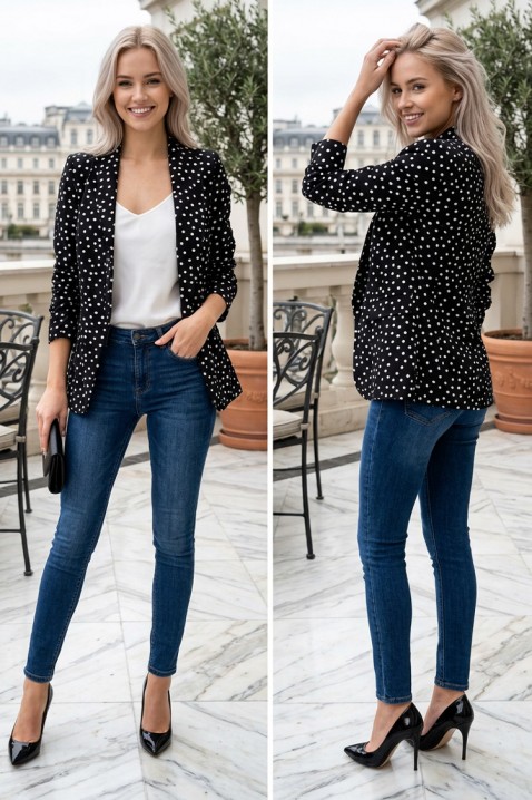 ZALONSIA BLACK sportos-elegáns, pöttyös női blézer húzott ujjakkal, gombolás nélkül, Szín: fekete, IVET.HU - A te online butikod.