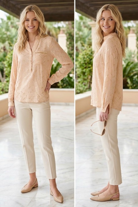BELANISIA BEIGE elegáns, hosszú ujjú női blúz dekoratív mintával, Szín: bézs, IVET.HU - A te online butikod.