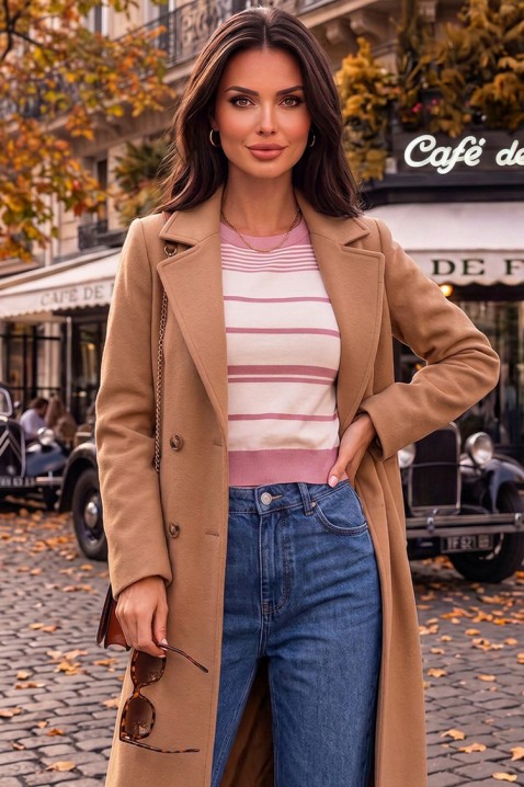 PANESIA PINK női kötött, rövid ujjatlan top széles szegéllyel, csíkos mintával, Szín: rózsaszín, IVET.HU - A te online butikod.
