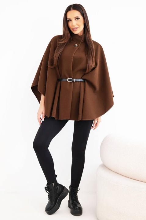 AVESINA BROWN elegáns női poncsó magas gallérral és övvel, Szín: barna, IVET.HU - A te online butikod.