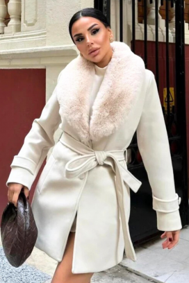 DOLNEVA ECRU elegáns női wrap kabát puha gallérral