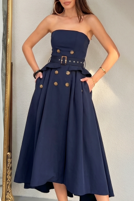 FLORENTIA NAVY elegáns hosszú, aszimmetrikus, fűzőhatású ruha, sötétkék színben