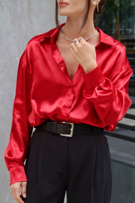 AYANDA RED elegáns, hosszú ujjú női szatén blúz