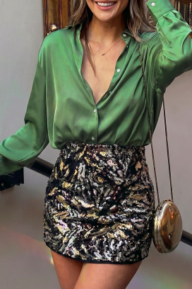 AYANDA GREEN elegáns, hosszú ujjú női szatén blúz