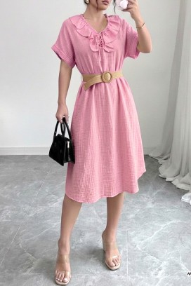 VIREMORA PINK légies midi ruha fodros díszítéssel, látványos gallérral