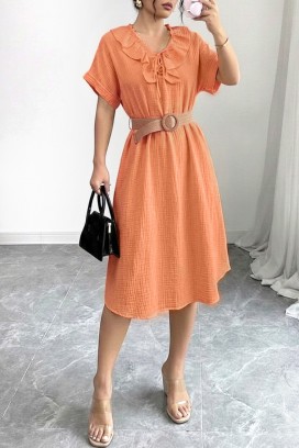 VIREMORA ORANGE légies midi ruha fodros díszítéssel, látványos gallérral