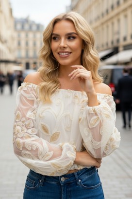 AMOLETA ECRU női légies blúz virágdíszítéssel, bő ujjal