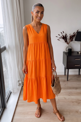 VELRINA ORANGE légies női midi nyári ruha V dekoltázzsal