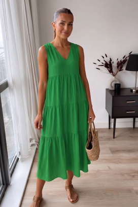 VELRINA GREEN légies női midi nyári ruha V dekoltázzsal