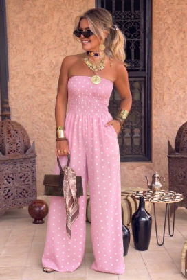 DATENA PINK hosszú női overál szabad vállal, pöttyös mintával