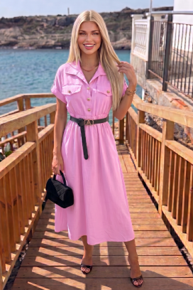 SAFARINA PINK nyári midi szafari ruha gombokkal és övvel