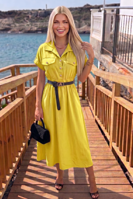 SAFARINA YELLOW nyári midi szafari ruha gombokkal és övvel