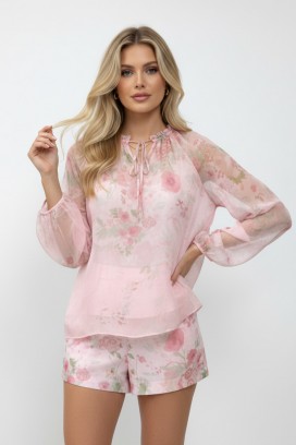 LORIAVA PINK női blúz és rövidnadrág szett finom virágmintával