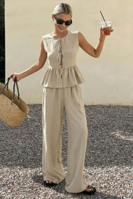 NOVENTA BEIGE lezser női szett bő nadrággal, peplum szegéllyel