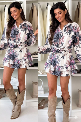 GRASIELA GREY lezser női szett virágmintával és többrétegű szoknyával