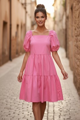 SELENASA PINK bő, trapéz midi ruha szögletes nyakkivágással és bő ujjal
