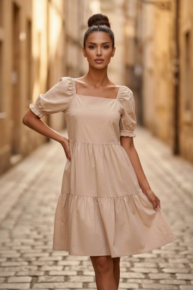 SELENASA BEIGE bő, trapéz midi ruha szögletes nyakkivágással és bő ujjal