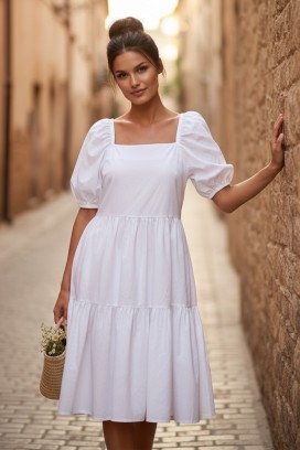 SELENASA WHITE bő, trapéz midi ruha szögletes nyakkivágással és bő ujjal