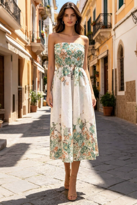 LAVENDINA GREEN finom midi ruha virágmintával, rugalmas melltartóval