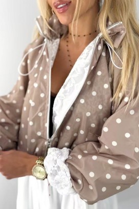 DOTILIANA MOCHA női pöttyös kabát csipke béléssel és kapucnival