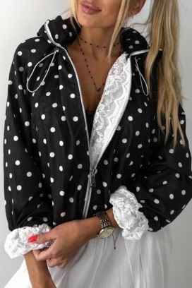 DOTILIANA BLACK női pöttyös kabát csipke béléssel és kapucnival