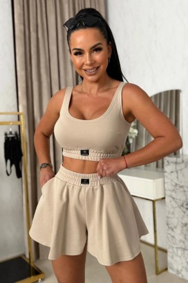 PLAVINA BEIGE női sport szett rövid felsővel, nadrág - szoknyával