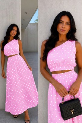 PEMELA PINK női pöttyös szett, egyvállas felsőből és hosszú, bővülő szoknyából áll