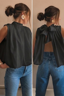NERINITA BLACK elegáns női felső nyitott háttal, csinos szalaggal