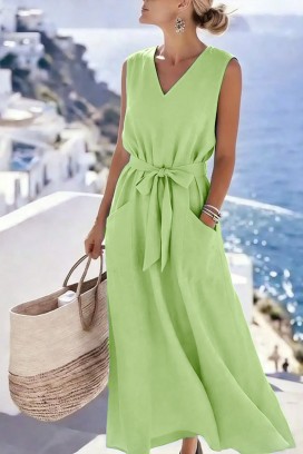 JASMINIA LIME finom midi ruha textil övvel és díszzsebekkel