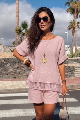 PENELOPIA PINK laza női blúz hálós dísszel és mellékelt nyaklánccal