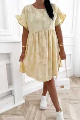 MAJESTICA YELLOW bő rövid ruha virágmintával, zsebekkel és hangsúlyos ujjal
