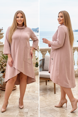 DEBRINA BEIGE aszimmetrikus tunika ruha magas gallérral és 3/4-es ujjal