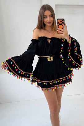 FIESTIA BLACK női boho szett, rövid top látványos ujjal, rojtos miniszoknyával