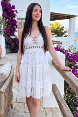 JACIRA WHITE boho stílusú, rövid csipkeruha