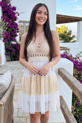 JACIRA BEIGE boho stílusú, rövid csipkeruha