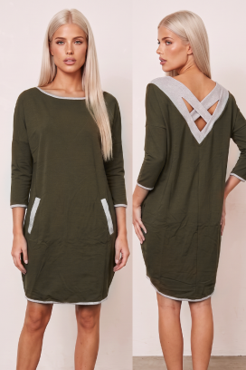 MEISONA KHAKI sportos-elegáns, mindennapi tunika ruha 3/4-es ujjal és zsebekkel