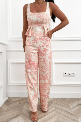 ELOSIANA PINK peplum topból és bő szárú nadrágból álló női szett virágmintával